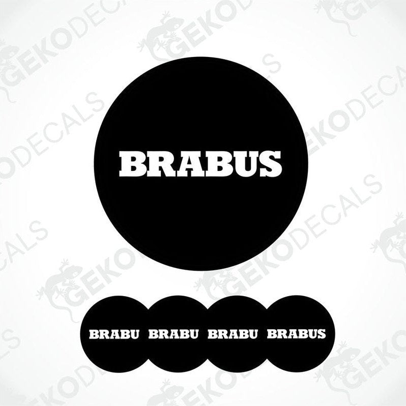 A set of four BRABUS branded vinyl decals with a black and white design.

