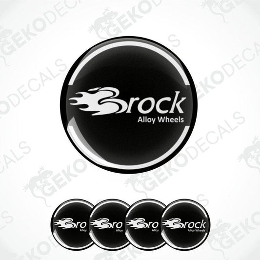 A set of four black vinyl stickers with the word 'BROCK ALLOY WHEELS' printed on them, arranged stacked on top of each other.