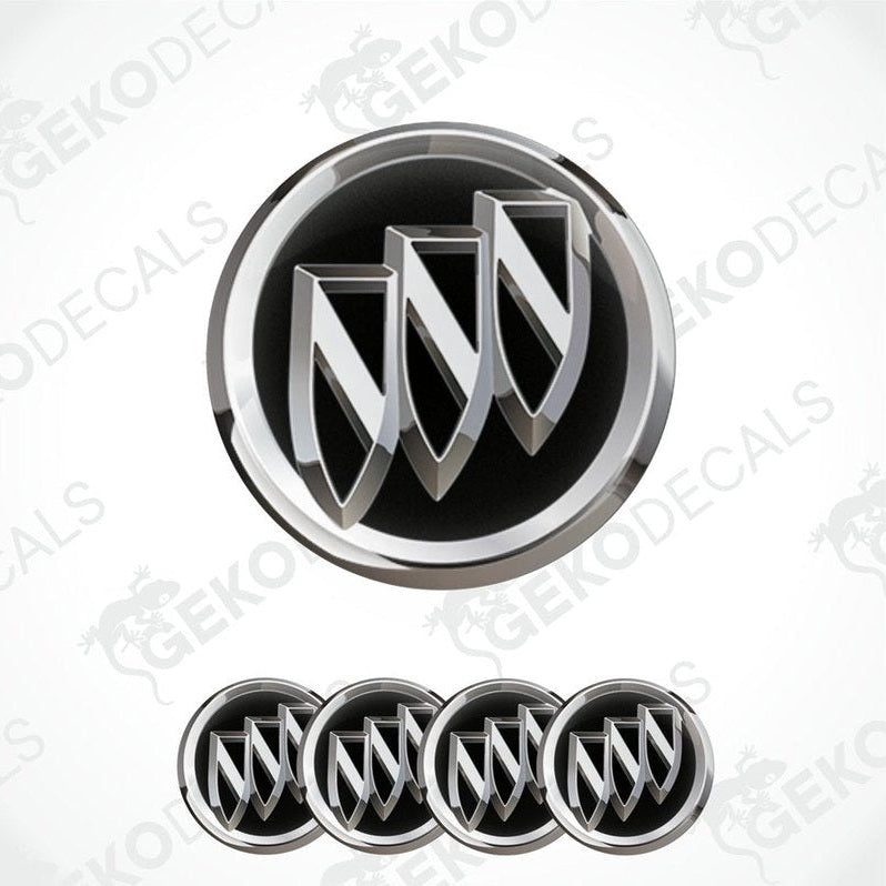 A set of four vinyl decals with a polyurethane coating, featuring the Buick logo, presented against a white background.