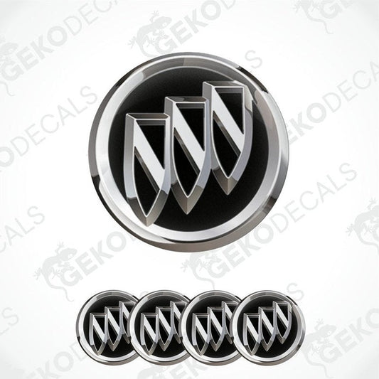 A set of four vinyl decals with a polyurethane coating, featuring the Buick logo, presented against a white background.