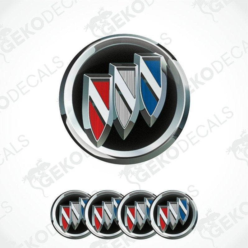 A set of four vinyl stickers with a Buick emblem design, including a black, silver, red, and blue variant, displayed on a white background.