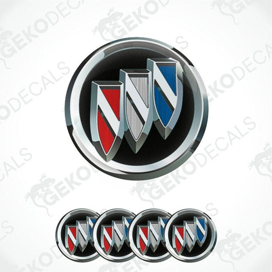 A set of four vinyl stickers with a Buick emblem design, including a black, silver, red, and blue variant, displayed on a white background.
