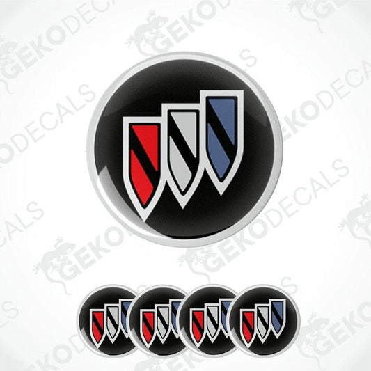A set of four round vinyl stickers with a geometric design, featuring red and blue colors and the word 'BUICK' on a black background.