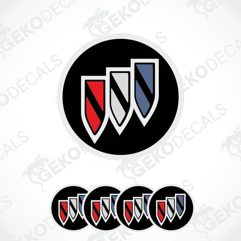 A set of four round vinyl stickers with a geometric design, featuring red and blue colors and the word 'BUICK' on a black background.
