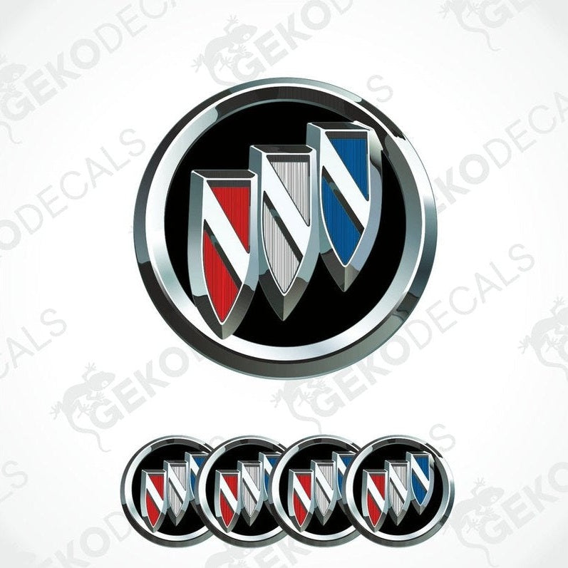 A set of four vinyl stickers with a Buick emblem design, including a black, silver, red, and blue variant, displayed on a white background.