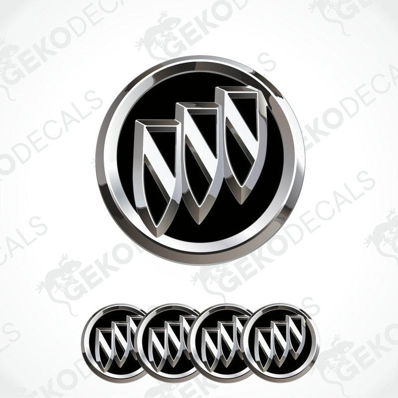 A set of four vinyl decals with a polyurethane coating, featuring the Buick logo, presented against a white background.