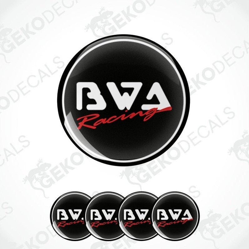 A set of four black, red, and white vinyl decals with the text 'BWA Racing' displayed on them.
