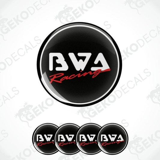A set of four black, red, and white vinyl decals with the text 'BWA Racing' displayed on them.