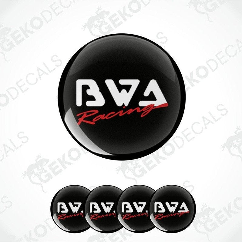 A set of four black, red, and white vinyl decals with the text 'BWA Racing' displayed on them.
