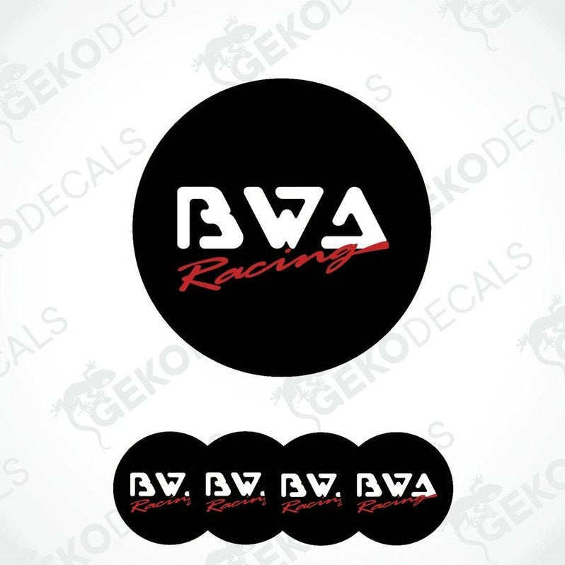 A set of four black, red, and white vinyl decals with the text 'BWA Racing' displayed on them.