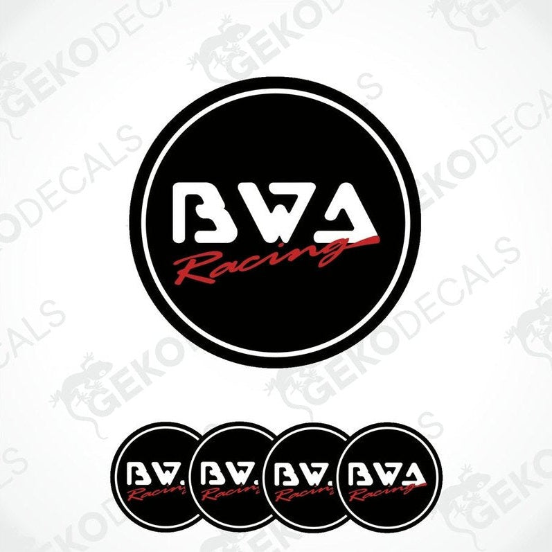 A set of four black, red, and white vinyl decals with the text 'BWA Racing' displayed on them.