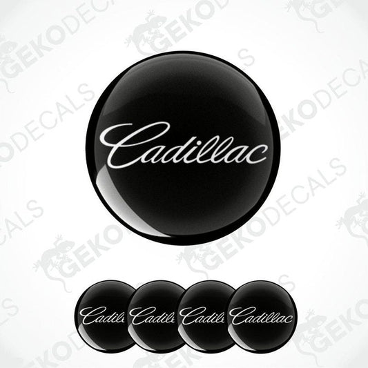 A set of four black vinyl stickers with the word 'CADILLAC' printed on them, presented in a stacked arrangement with the Gecko Decals logo visible on each sticker.