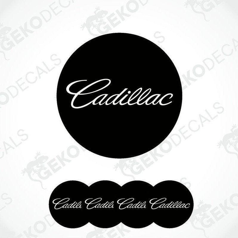 A set of four black vinyl stickers with the word 'CADILLAC' printed on them, presented in a stacked arrangement with the Gecko Decals logo visible on each sticker.