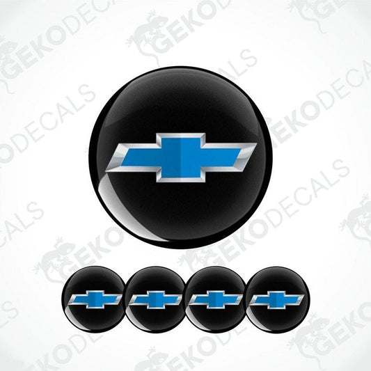 A set of four black vinyl stickers with a blue and white Chevrolet logo design.