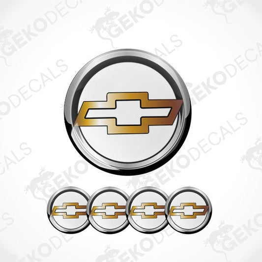 Four white rim stickers with gold Chevrolet logo