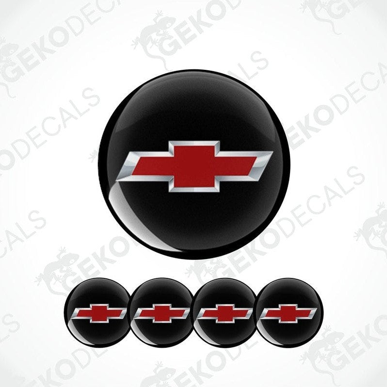 A set of four black vinyl stickers with a red and white chevrolet logo design.