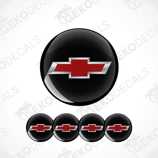 A set of four black vinyl stickers with a red and white chevrolet logo design.