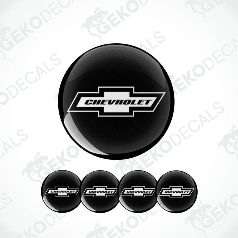A set of four black vinyl stickers with the word 'CHEVROLET' printed on them, arranged in a stack with the GeckoDecals logo visible on each sticker.
