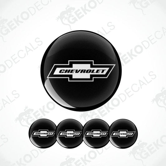 A set of four black vinyl stickers with the word 'CHEVROLET' printed on them, arranged in a stack with the GeckoDecals logo visible on each sticker.