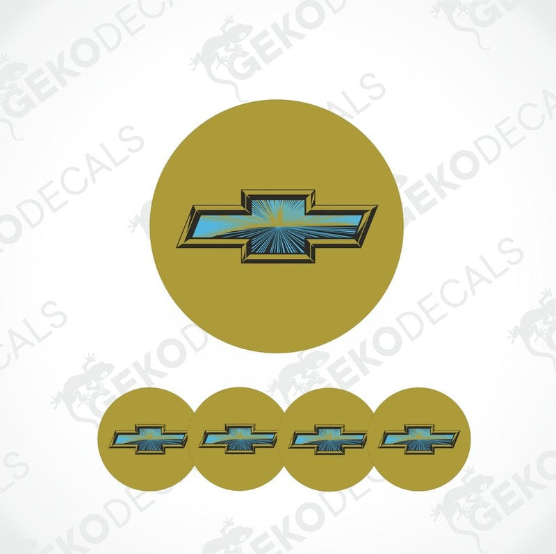 A set of four gold-colored vinyl stickers with the Chevrolet logo in the center.