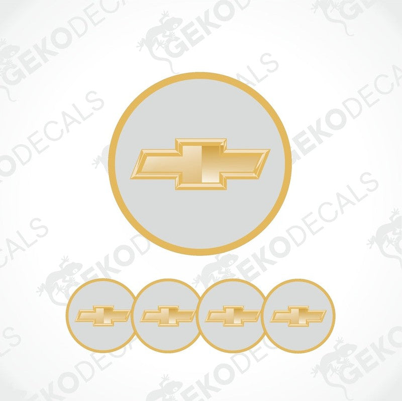 A set of five vinyl decals with polyurethane coating featuring the CHEVROLET logo, in gold and white colors, designed for use on car wheels.