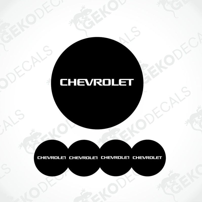 A set of four black vinyl stickers with the word 'CHEVROLET' printed on them, arranged in a stack with the top sticker being the largest and the others progressively smaller.