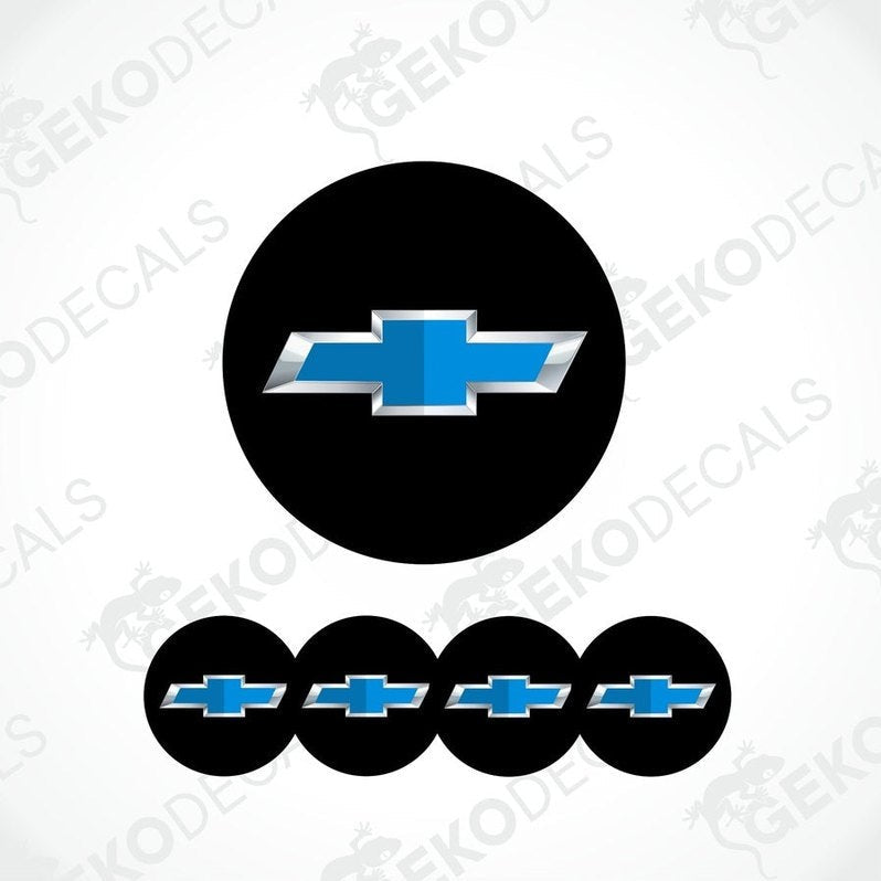 A set of four black vinyl stickers with a blue and white Chevrolet logo design.