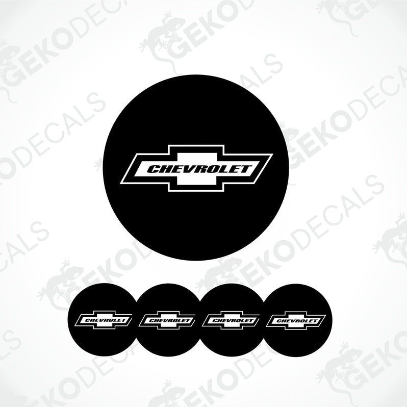 A set of four black vinyl stickers with the word 'CHEVROLET' printed on them, arranged in a stack with the GeckoDecals logo visible on each sticker.