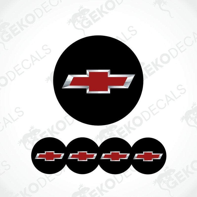 A set of four black vinyl stickers with a red and white chevrolet logo design.