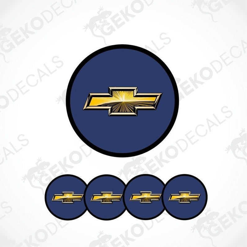 A set of four blue vinyl decals with a gold Chevrolet logo, designed for use on car wheels or caps.