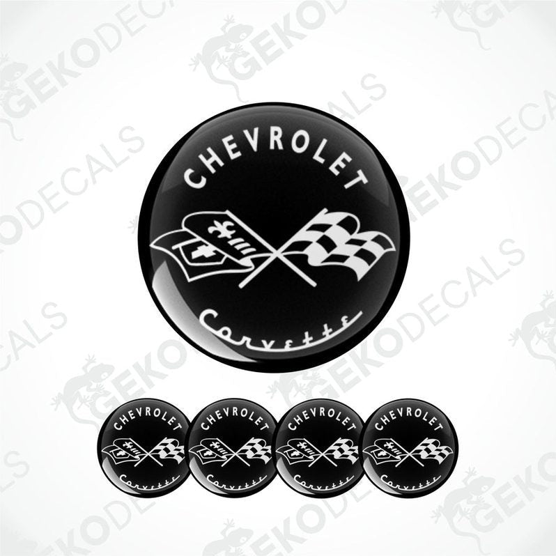 Set of vinyl decals with a polyurethane coating designed for a Chevrolet Corvette, including one large decal with the logo and three smaller ones with the logo and racing flags.