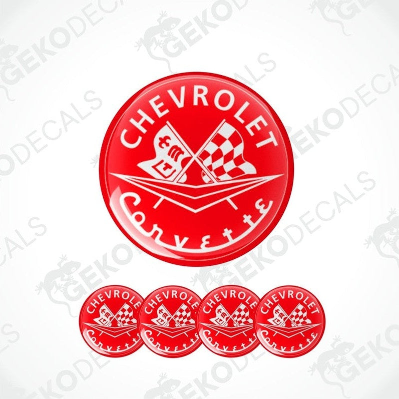 A set of red vinyl decals with the Chevrolet Corvette logo, including four different designs.