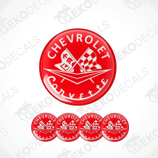 A set of red vinyl decals with the Chevrolet Corvette logo, including four different designs.