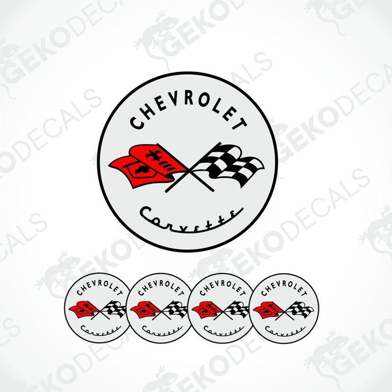 A set of four circular vinyl decals with the Chevrolet Corvette logo, including one with a red flag design.