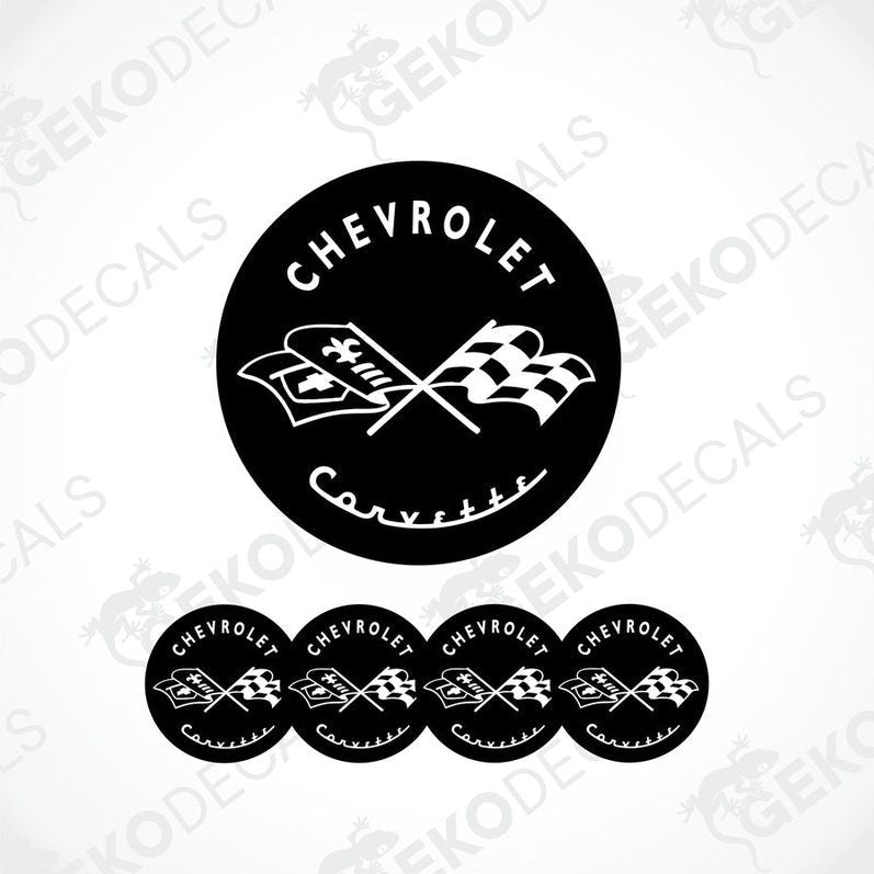 Set of vinyl decals with a polyurethane coating designed for a Chevrolet Corvette, including one large decal with the logo and three smaller ones with the logo and racing flags.