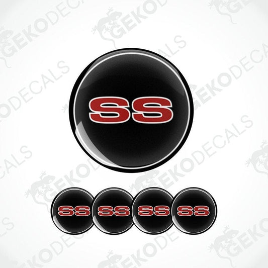Set of four vinyl decals with a polyurethane coating, designed with the CHEVROLET SS logo in red on a black background, intended for use on vehicles.