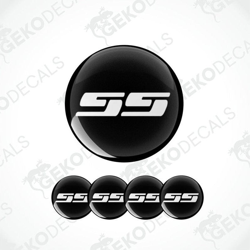 Set of four black and white vinyl decals with the CHEVROLET SS logo, designed for use on a car's wheel caps.
