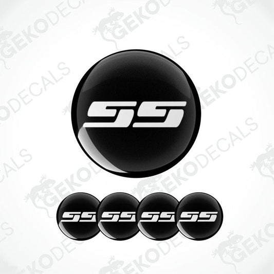Set of four black and white vinyl decals with the CHEVROLET SS logo, designed for use on a car's wheel caps.