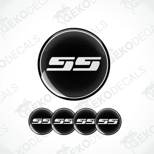 Set of four black and white vinyl decals with the CHEVROLET SS logo, designed for use on a car's wheel caps.
