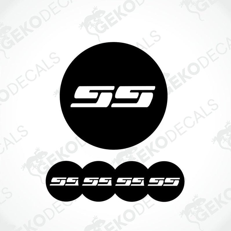 Set of four black and white vinyl decals with the CHEVROLET SS logo, designed for use on a car's wheel caps.

