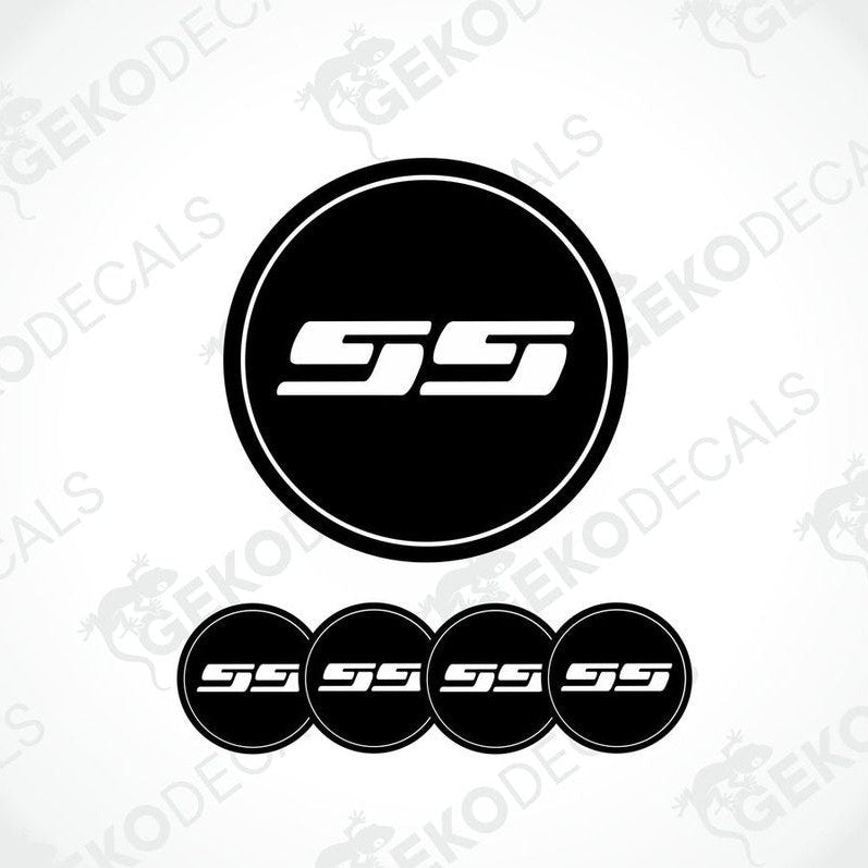Set of four black and white vinyl decals with the CHEVROLET SS logo, designed for use on a car's wheel caps.
