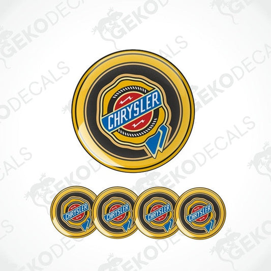 A set of four vinyl decals with a polyurethane coating, featuring a circular design with the CHRYSLER logo in yellow, black, and blue.