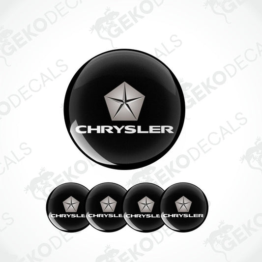 Set of four black vinyl decals with the Chrysler logo in white, presented against a white background.