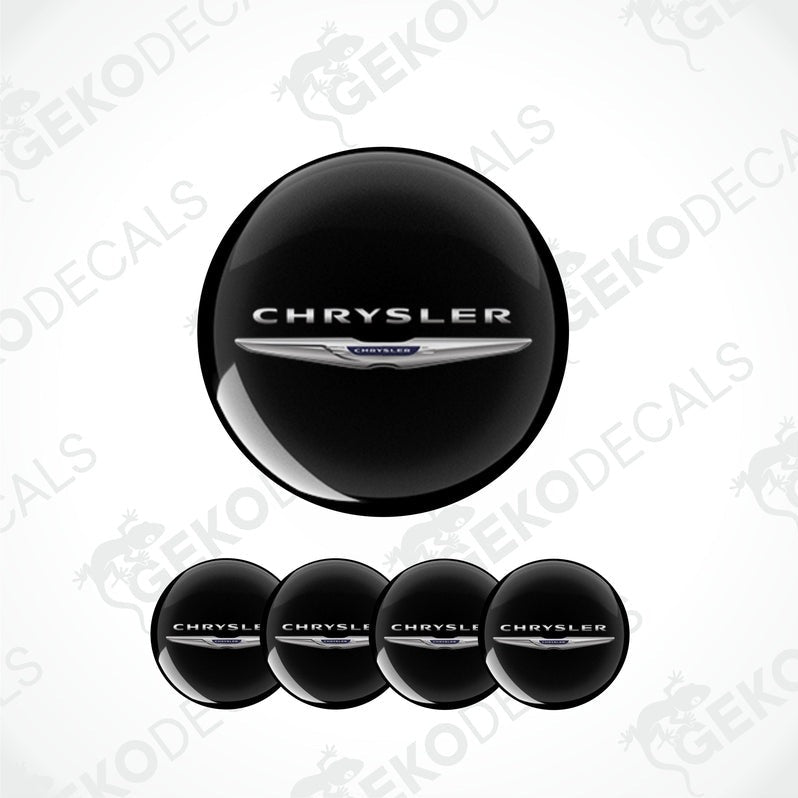 A set of black vinyl decals with the Chrysler logo, designed for use as car wheel stickers.
