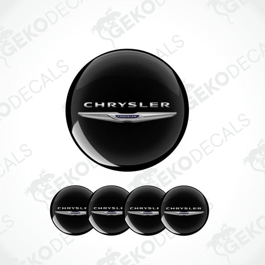 A set of black vinyl decals with the Chrysler logo, designed for use as car wheel stickers.