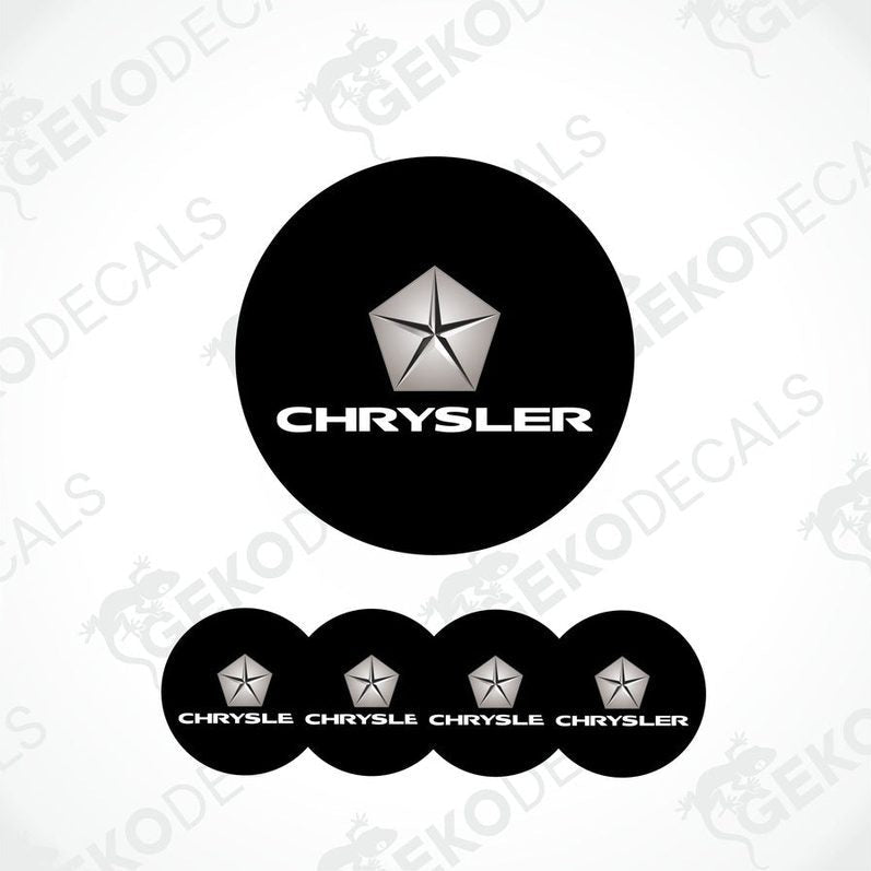 Set of four black vinyl decals with the Chrysler logo in white, presented against a white background.