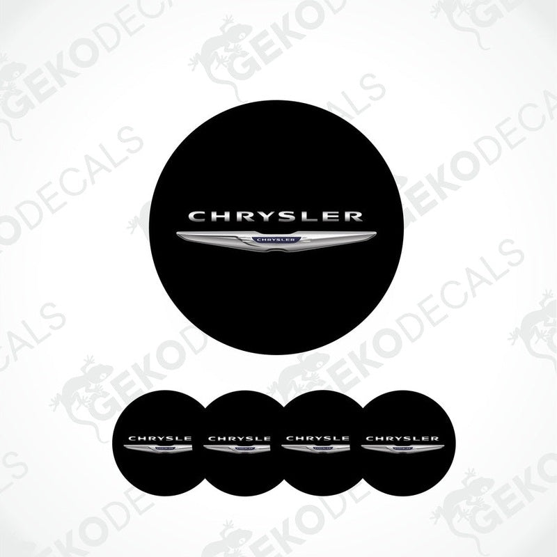 A set of black vinyl decals with the Chrysler logo, designed for use as car wheel stickers.