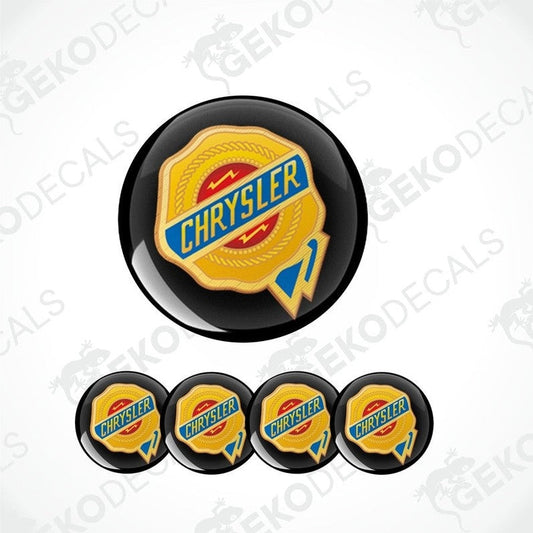 A set of four vinyl stickers with a Chrysler brand logo design, intended for use on car wheels or caps.