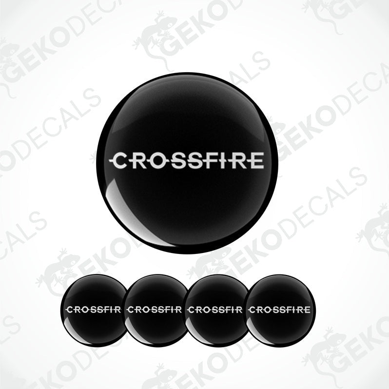A set of black vinyl stickers with the text 'CROSSFIRE' displayed on them, intended as decals for a CHRYSLER vehicle.