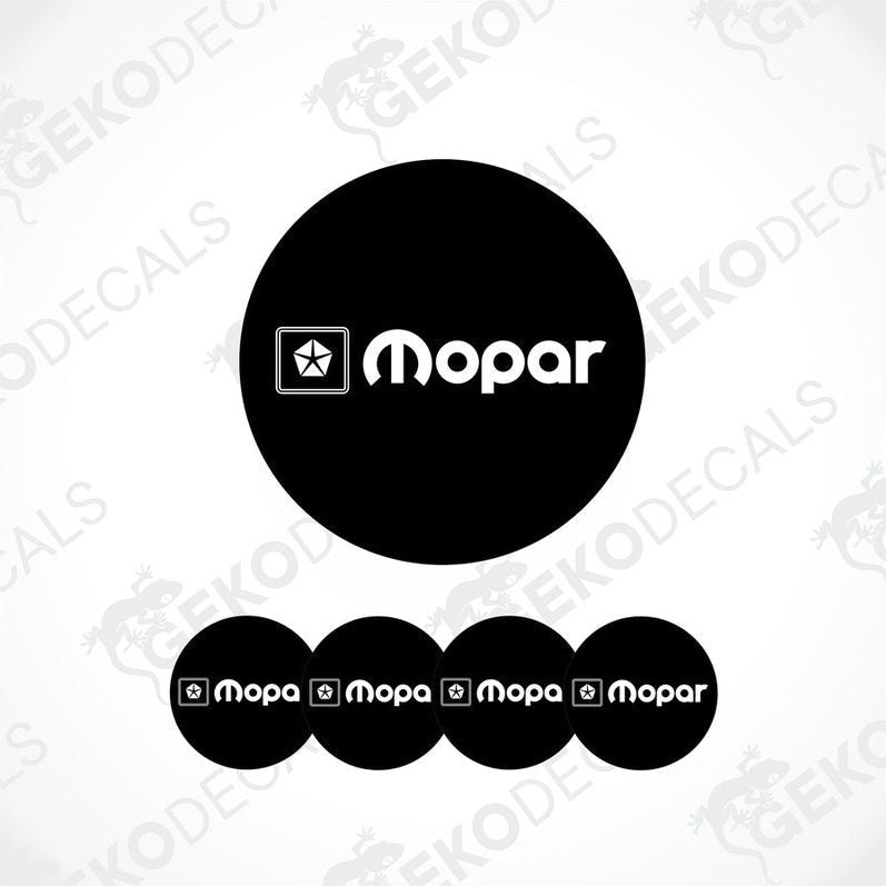 A set of four black and white vinyl decals with the MOPAR logo.